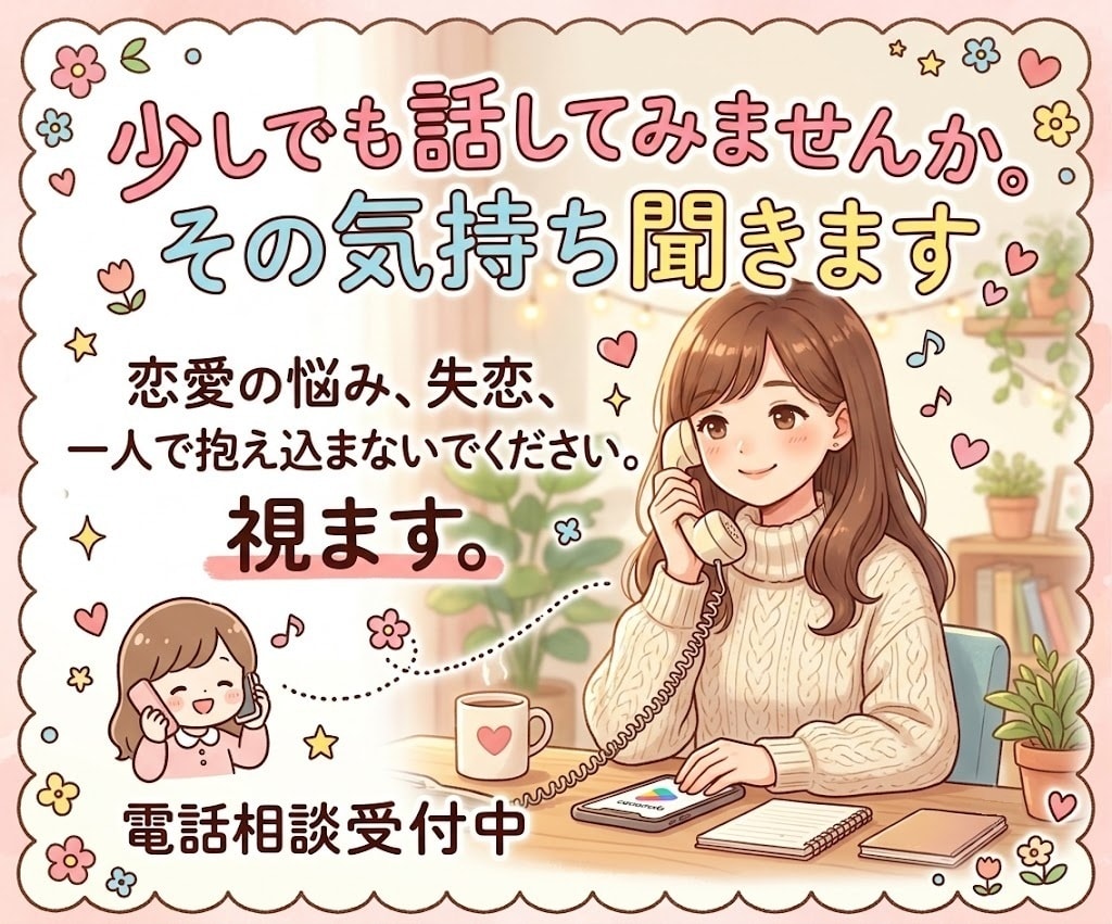 少しでも話してみませんか。その気持ち聞きます 恋愛の悩み、失恋、一人で抱え込まないでください。視ます。 イメージ1