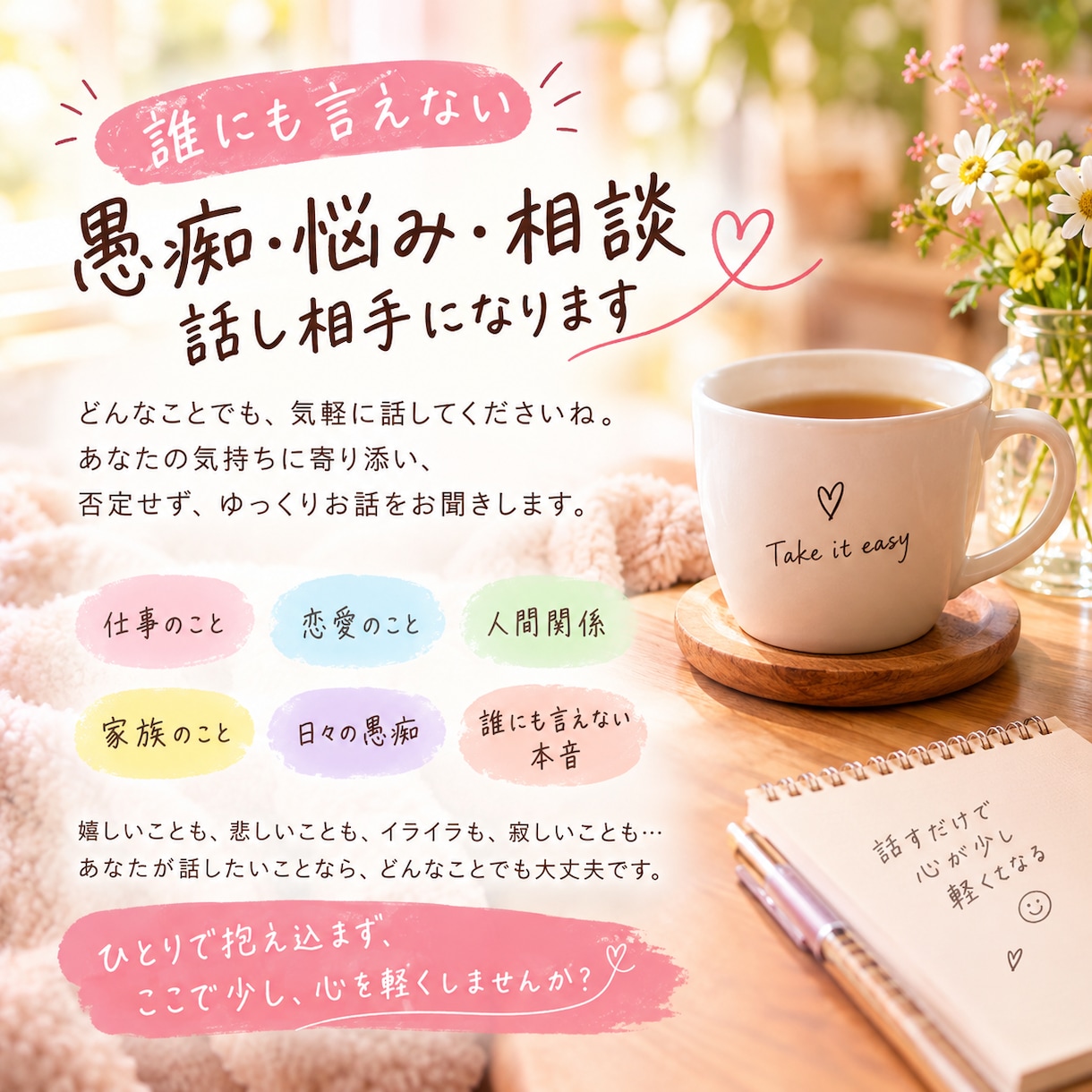 誰にも言えない愚痴、聞きます 「誰にも言えない本音、ここで全部吐き出してね」 イメージ1