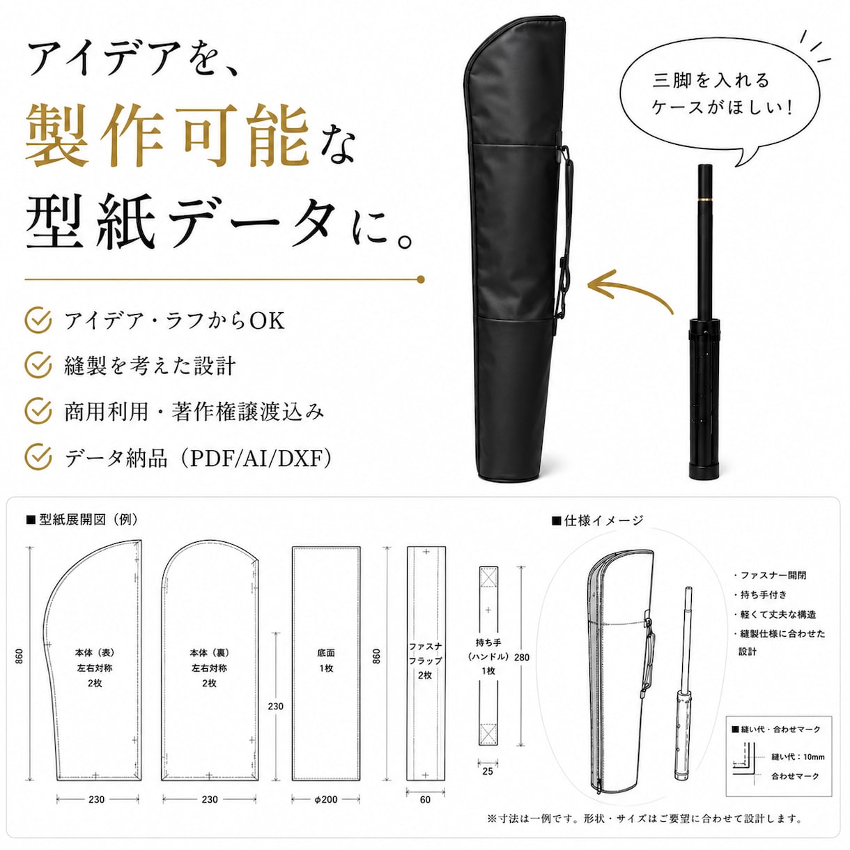 アイデアから製作できる型紙に設計します ラフや現物から布・レザー製収納袋などの製品を型紙化します イメージ1