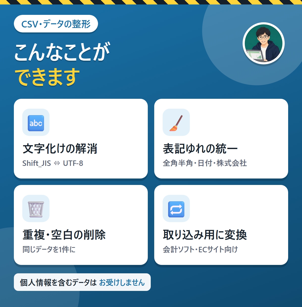 CSV・Excelのデータを使える形に整えます 文字化け・表記ゆれ・重複を解消。取り込み用の形式にも イメージ3