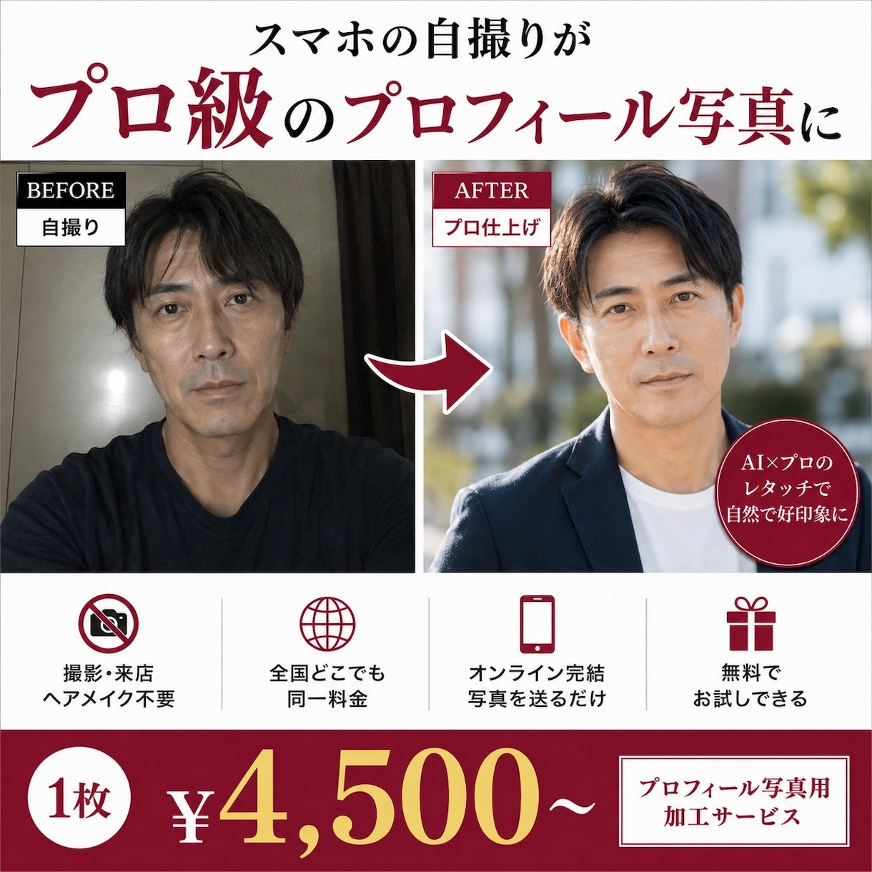 撮影なしでプロフィール写真を仕上げます 全国どこでも同一料金／出張費・交通費は一切なし イメージ1