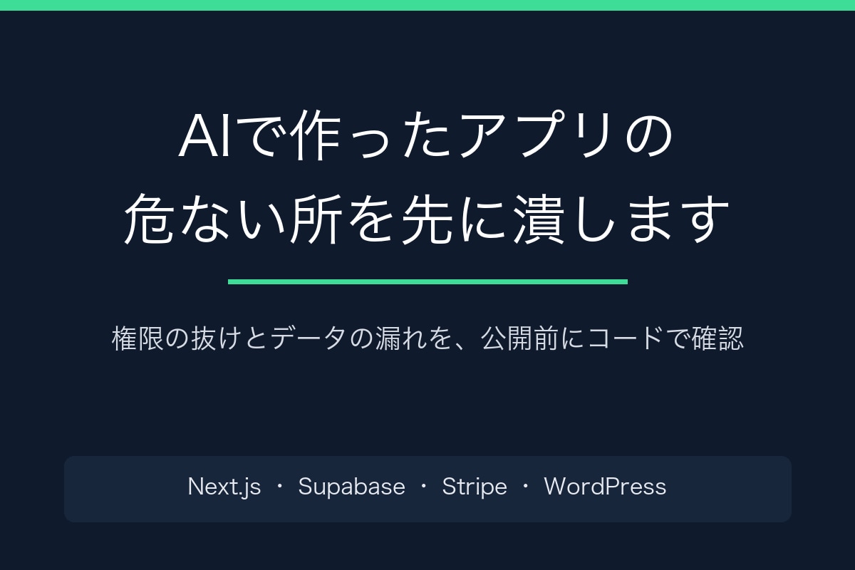 AIで作ったアプリの危ない所を先に潰します 権限の抜けとデータの漏れを、公開前にコードで確認します イメージ1