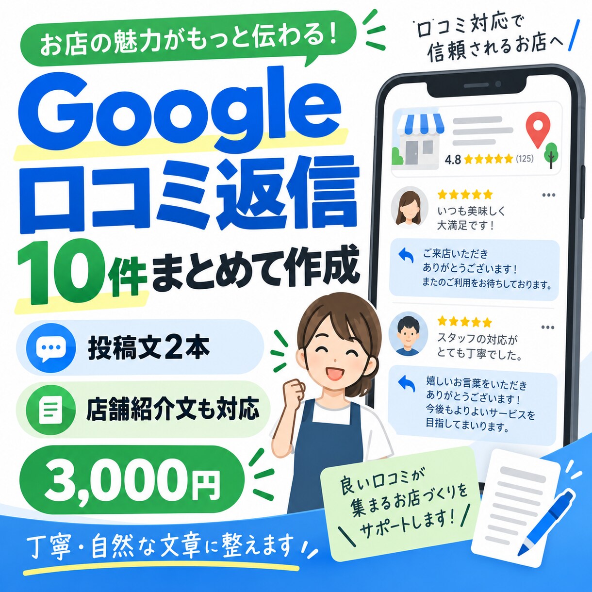 Googleマップの口コミ返信・文章を作ります 口コミ返信・店舗文章をまとめてサポート イメージ1