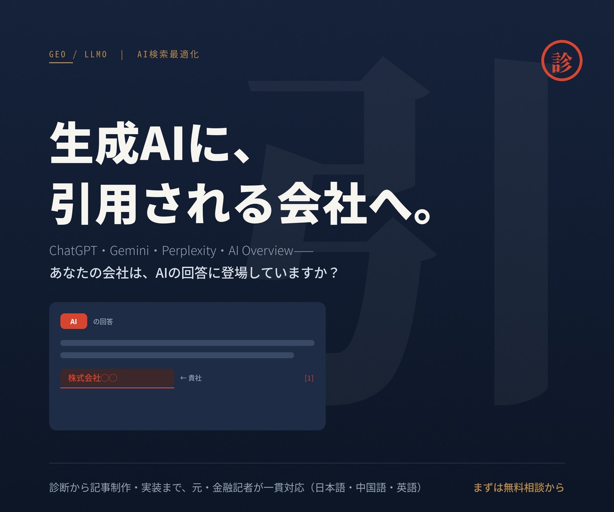 生成AIに引用される会社へ LLMO診断〜実装ます 強固な技術チームのバックアップのもと、元金融記者が実際に執筆 イメージ1