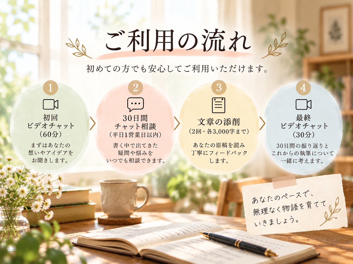 書きたい想いを物語に。小説家が30日間伴走します まずは、貴方らしい物語の紡ぎ方を対話で一緒に見つけましょう。 イメージ5
