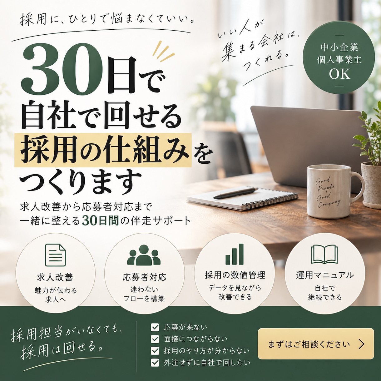 30日間伴走｜自社で回せる採用の仕組みを作ります 採用代行で終わらせない！求人改善から応募者対応まで整えます イメージ1