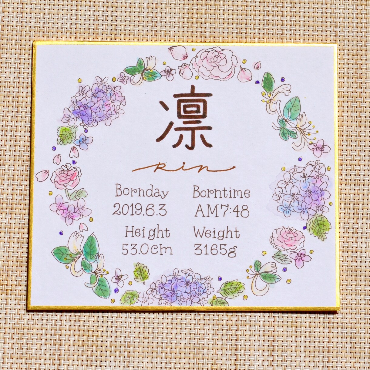 デザイン科卒業生が特別な花、誕生花で命名書描きます 花や海水彩で描かれた命名書やネームボード イメージ5