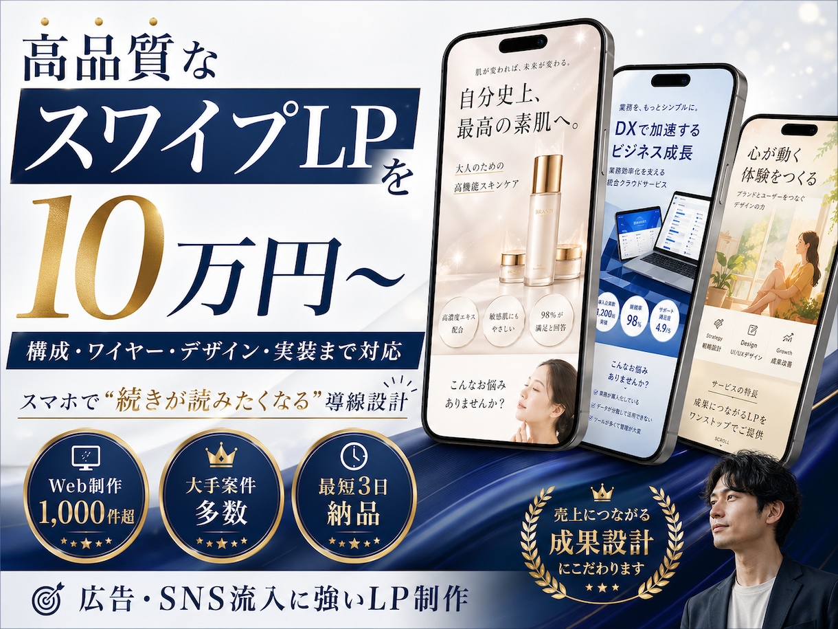 スワイプLPの構成•デザイン•実装を致します 大流行中のスワイプLPを、完全に丸投げできます。 イメージ1
