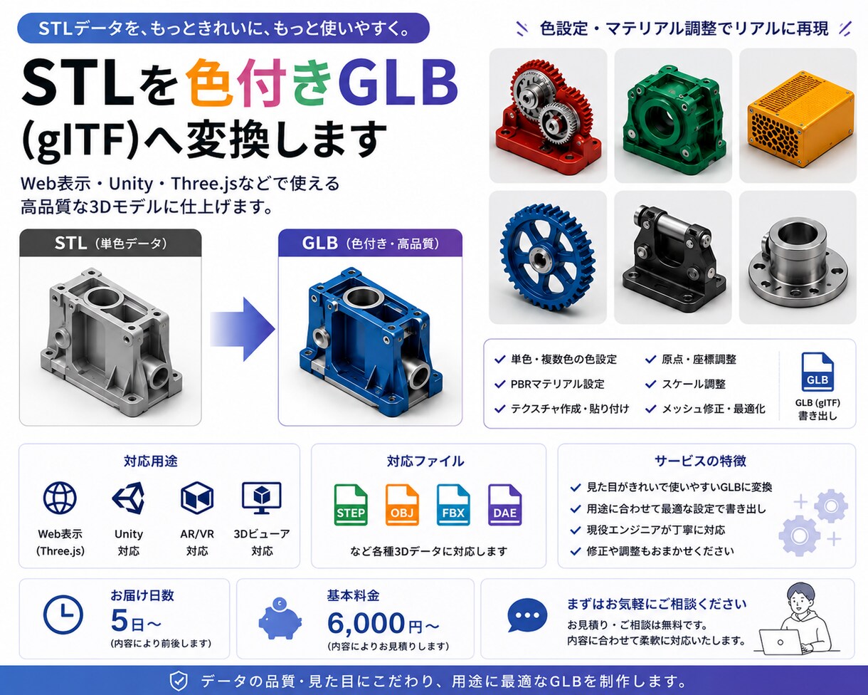 STLを色付きGLB(glTF)へ変換します 色設定・マテリアル調整・座標調整まで対応いたします イメージ1