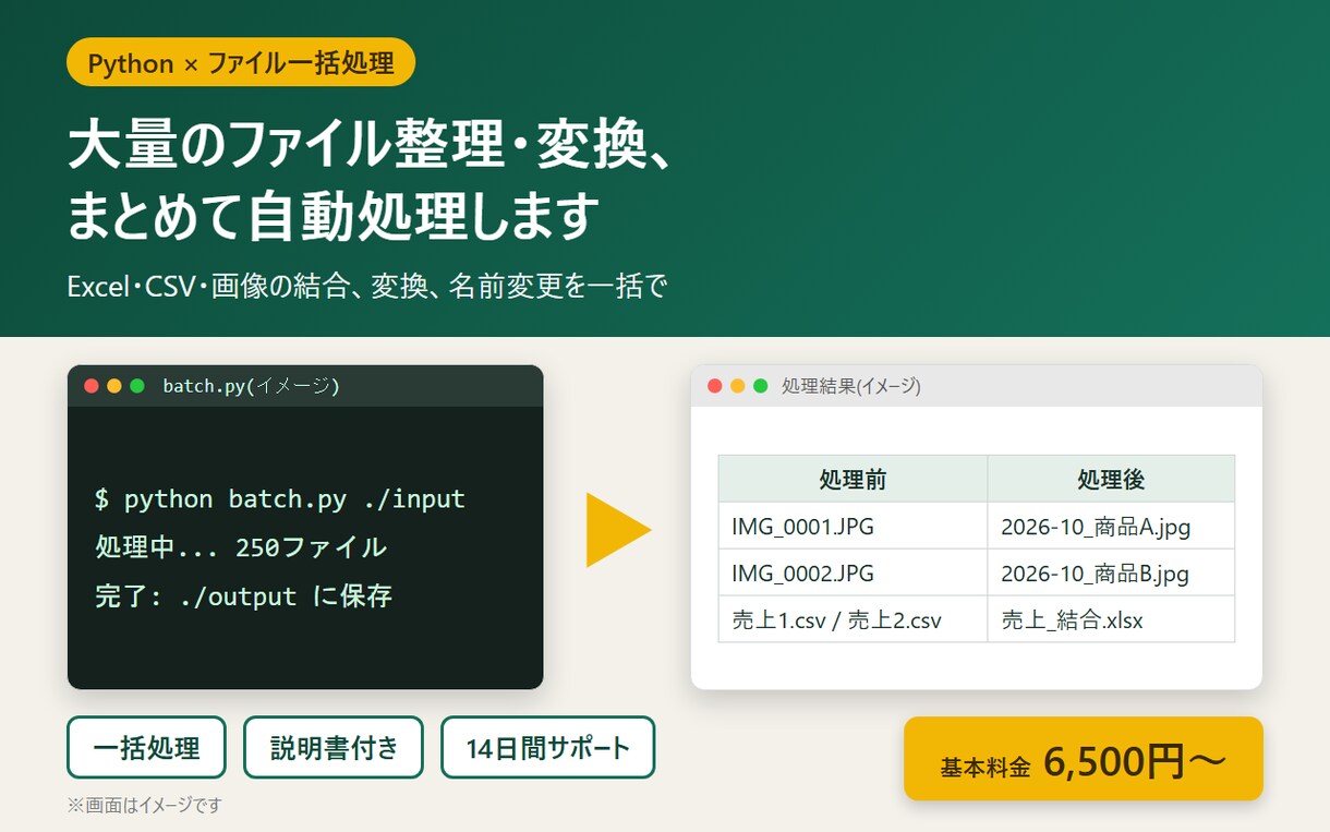 Pythonでファイル一括処理を自動化します Excel・CSV・画像の変換や整理をまとめて処理 イメージ1