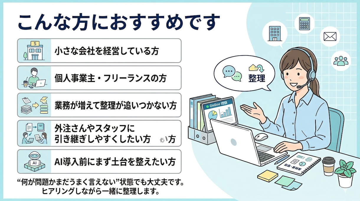 小さな会社向け｜散らかった業務を整理します 業務の詰まりを整理し、回る形に整えます イメージ5