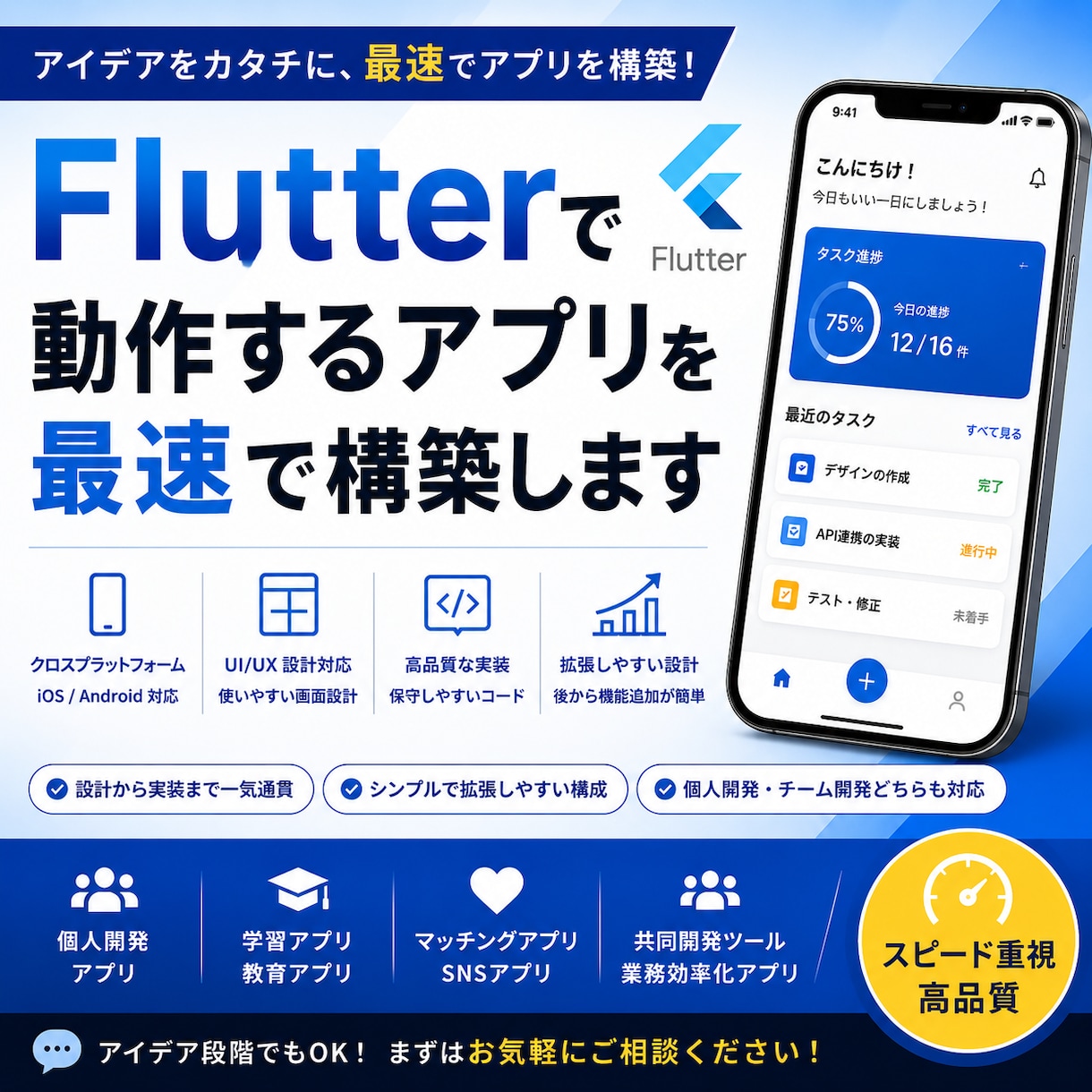 Flutterで“動作する”を最速構築します アイデアを最速で動くアプリに変える イメージ1