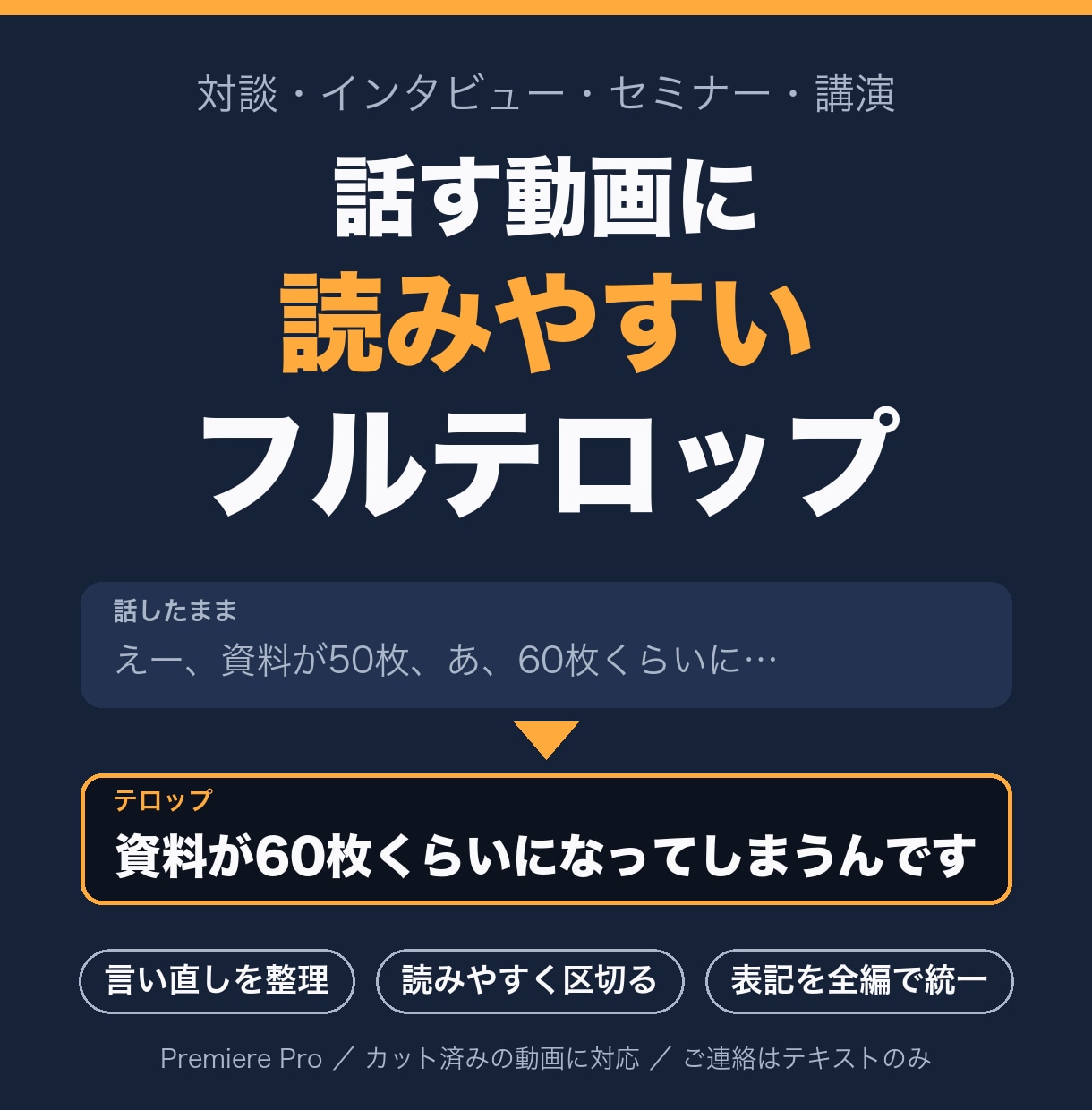 対談・セミナー動画に見やすいフルテロップを入れます カット済みの動画に、全文テロップを整えて入れます イメージ1