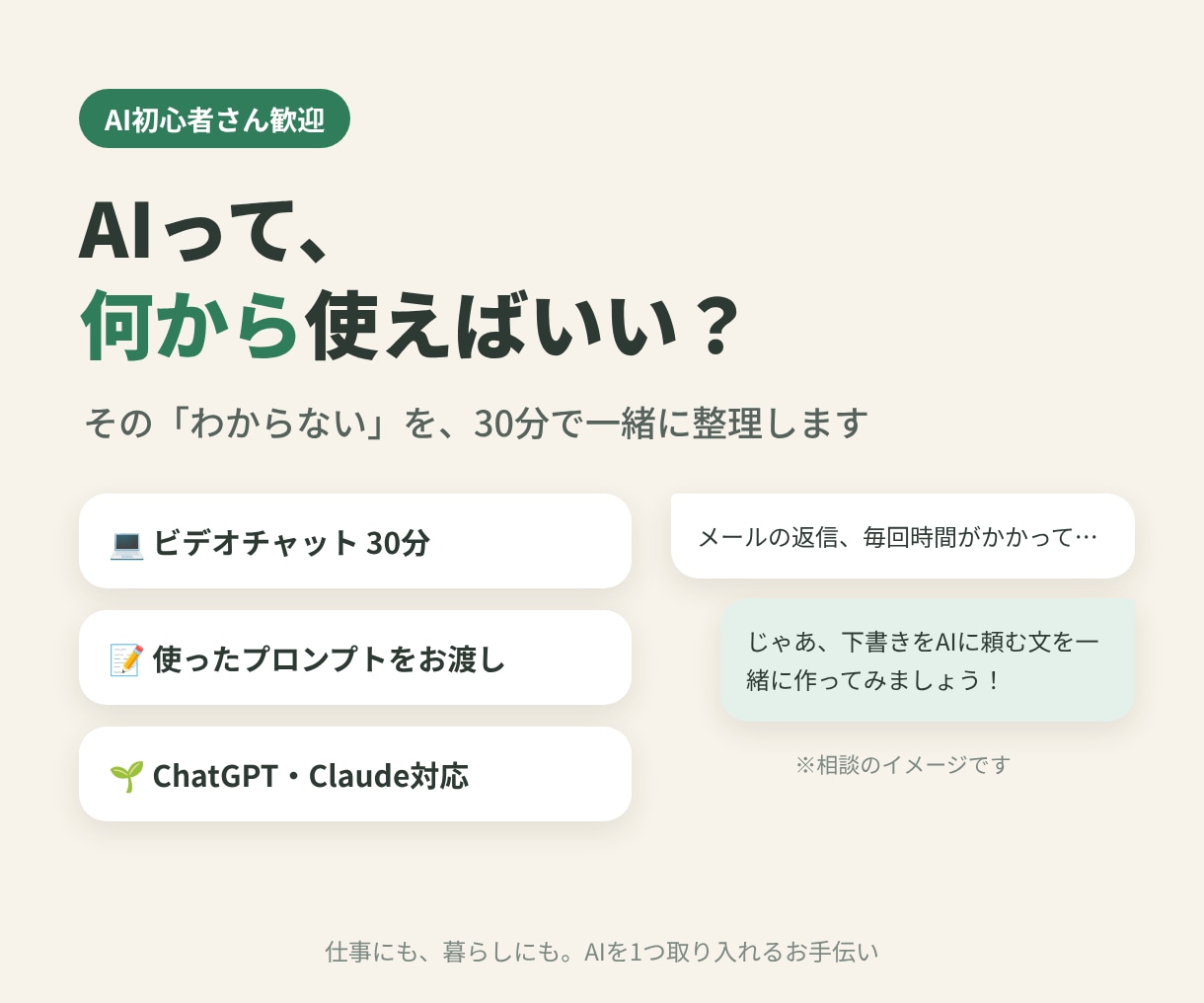 AI初心者の「何から？」を30分で一緒に整理します 仕事と暮らしにAIを1つ取り入れるお手伝いをします イメージ1