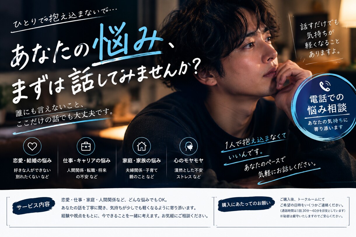 誰にも言えない悩み、聞きます ひとりで抱え込まなくて大丈夫。気にせず話してください。 イメージ1