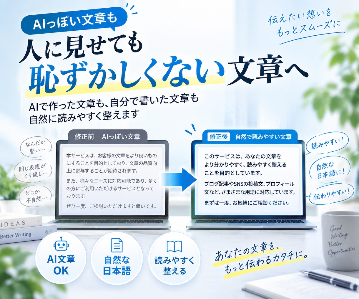 読みにくい文章をスラスラ読める文章にリライトします AIっぽい文章も自然な日本語に！恥ずかしくない文章に整えます イメージ1