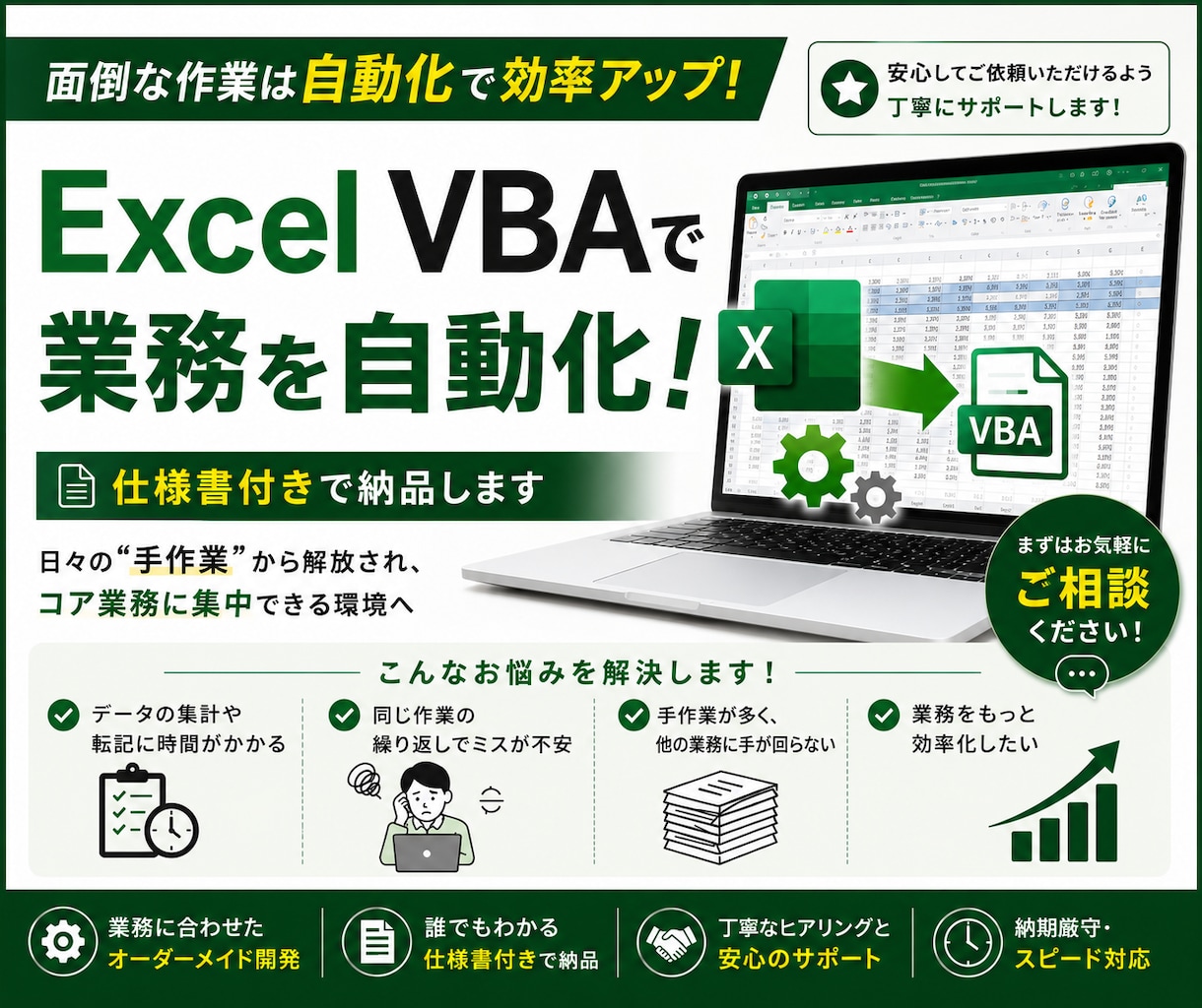 仕様書付き！Excel VBA･マクロを作成します 作って終わりじゃない。仕様書付きで安心のVBA開発。 イメージ1