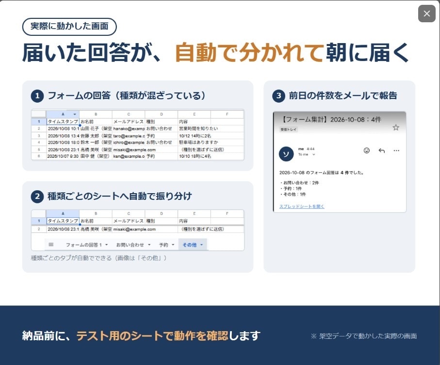 スプレッドシートの手作業をGASで自動化します フォーム振り分け・集計・メール通知を文字だけで イメージ2