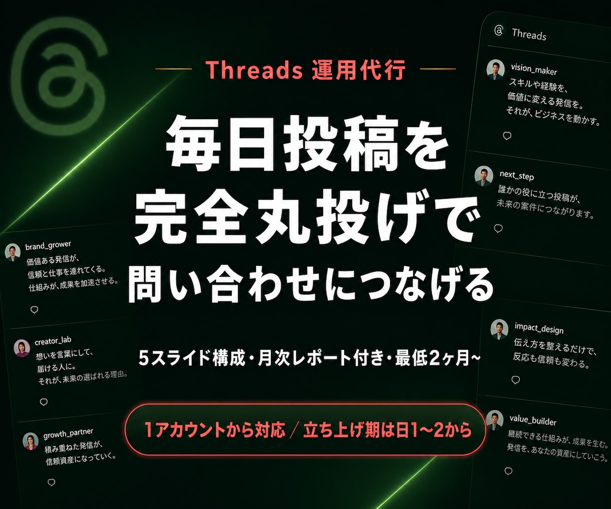 スレッズ運用代行 あなたの商品を売ります 増やす前に守る。公式LINEへつなぐThreads集客代行 イメージ1