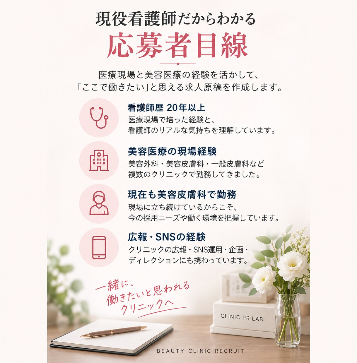 美容クリニックの求人原稿を看護師が作ります 看護師・受付・カウンセラーに伝わる採用文を作成 イメージ3
