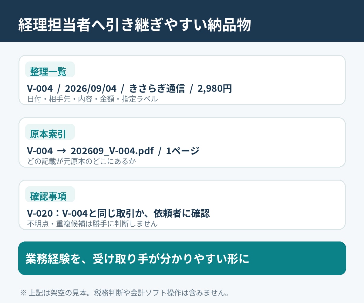領収書をExcel整理し原本索引まで納品します 50件まで｜重複候補と確認待ちも一覧化 イメージ3