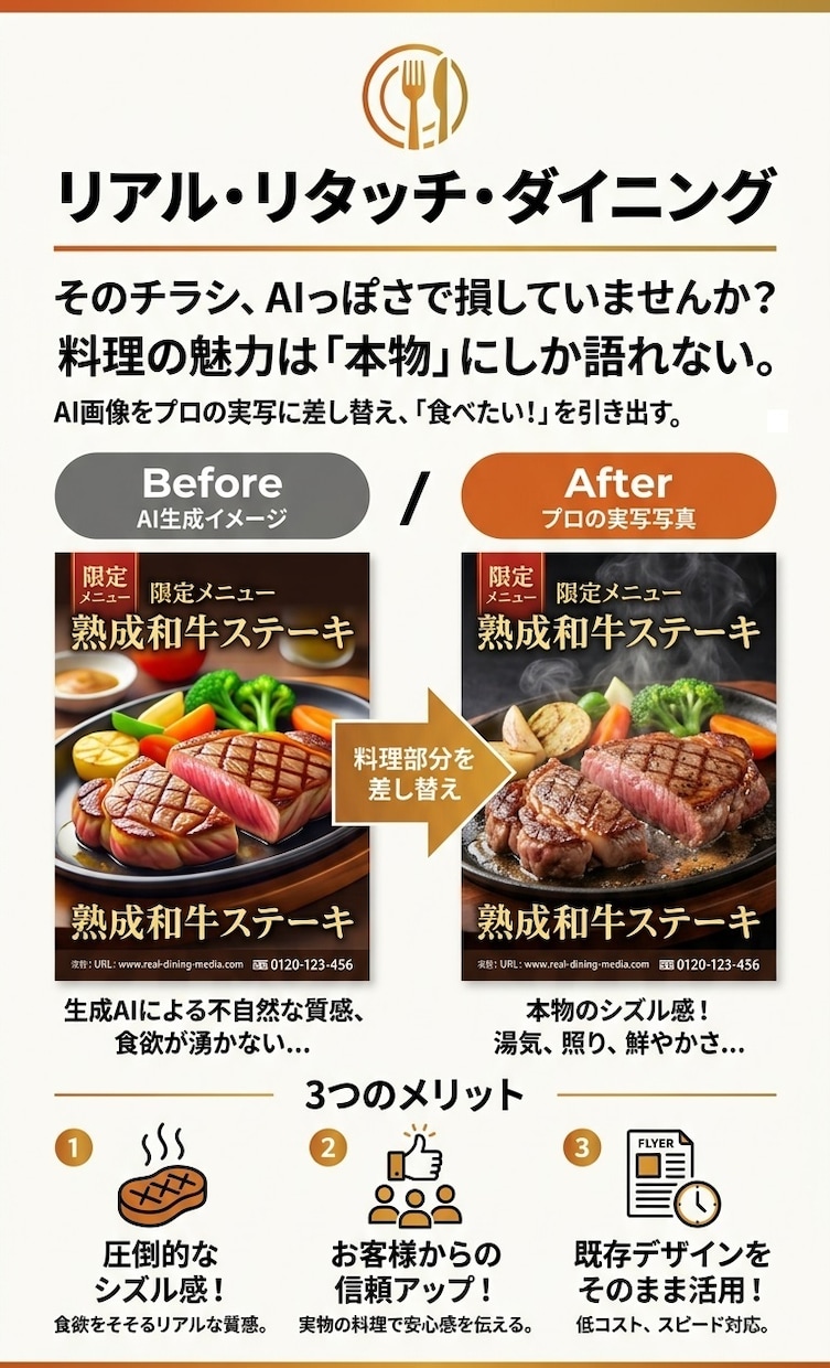 AIが生成した料理イメージ図をきれいなものにします AIで生成したメニュー表。よりきれいなものにしませんか？ イメージ1