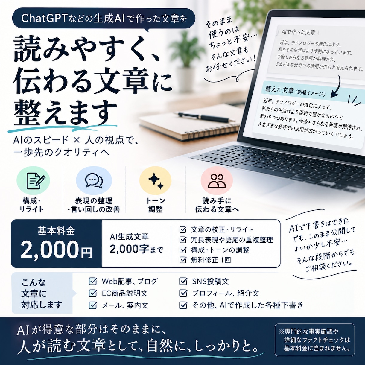 AI生成文章を人に伝わる自然な文章へ整えます ChatGPT等の不自然さ・冗長さ・AI感を丁寧に修正 イメージ1