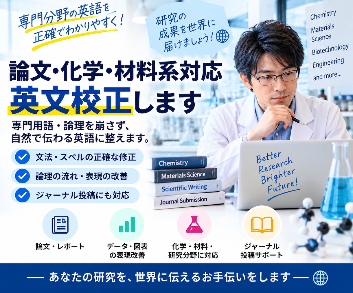 論文・化学・材料系対応｜研究者向け英文校正します 専門用語や論理を崩さず、自然な英語に整えます イメージ1