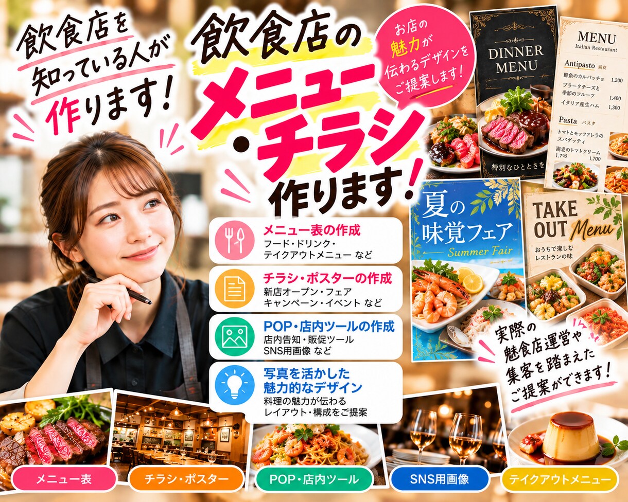 現役広報が作る★メニュー、チラシなど作ります 飲食店、エステ、不動産、美容院やSNS用画像、広告作成 イメージ4