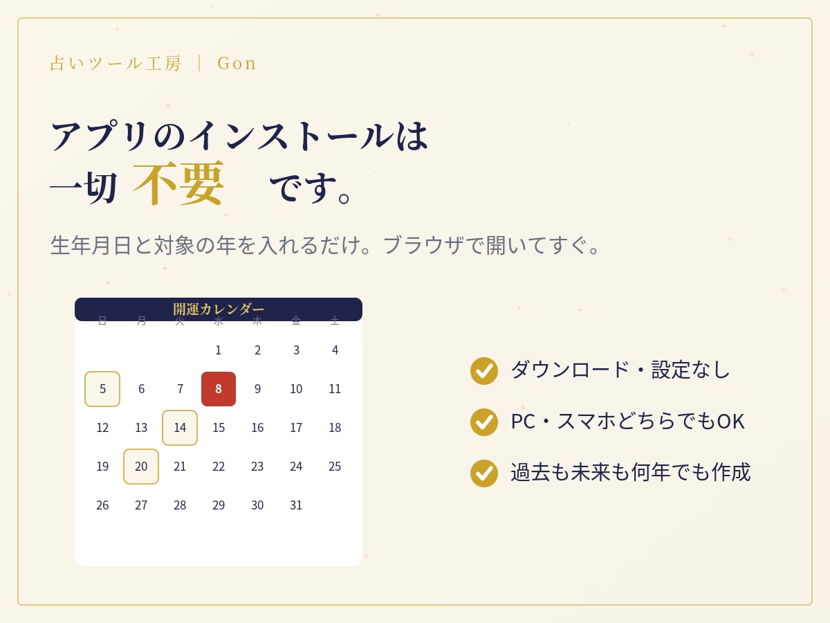 インストール不要◎あなた専用開運カレンダー作ります 生年月日を入れるだけ。開運日とあなたの吉方位を自動作成 イメージ2