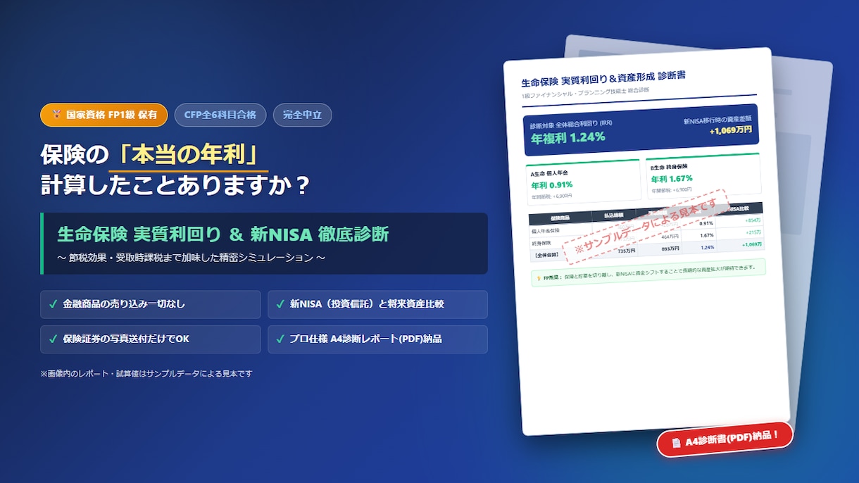 FP1級が保険利回りと新NISAを比較診断します 売り込みなし！節税と受取時税金を反映した年利をPDFでお届け イメージ1