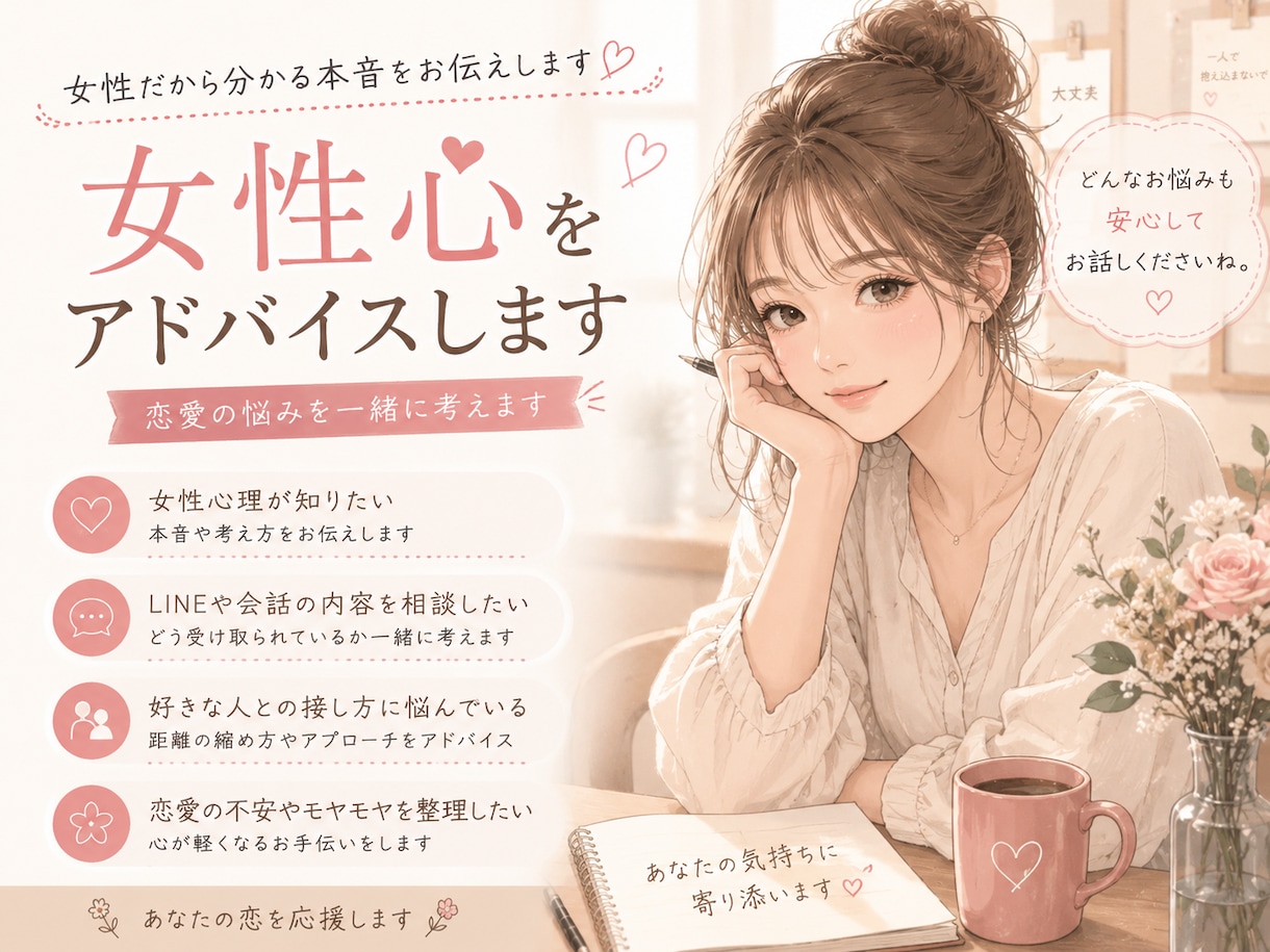 女性目線で恋愛のお悩み伺います 女性だからこそ分かる本音をお伝えします イメージ1