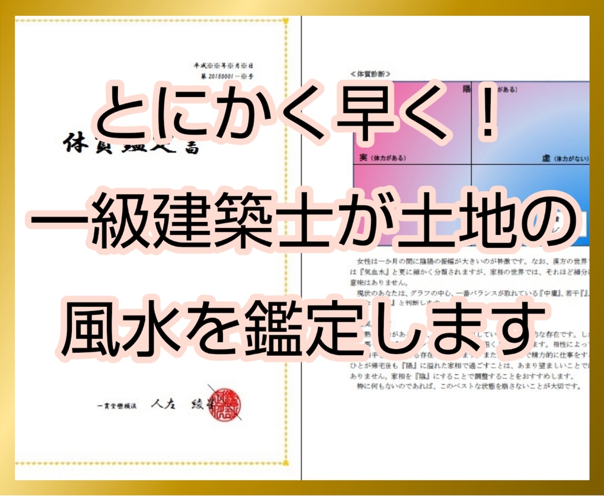 とにかく早く！一級建築士が土地の風水を鑑定します 【地相鑑定】あなたの体質に合った風水を処方します イメージ1
