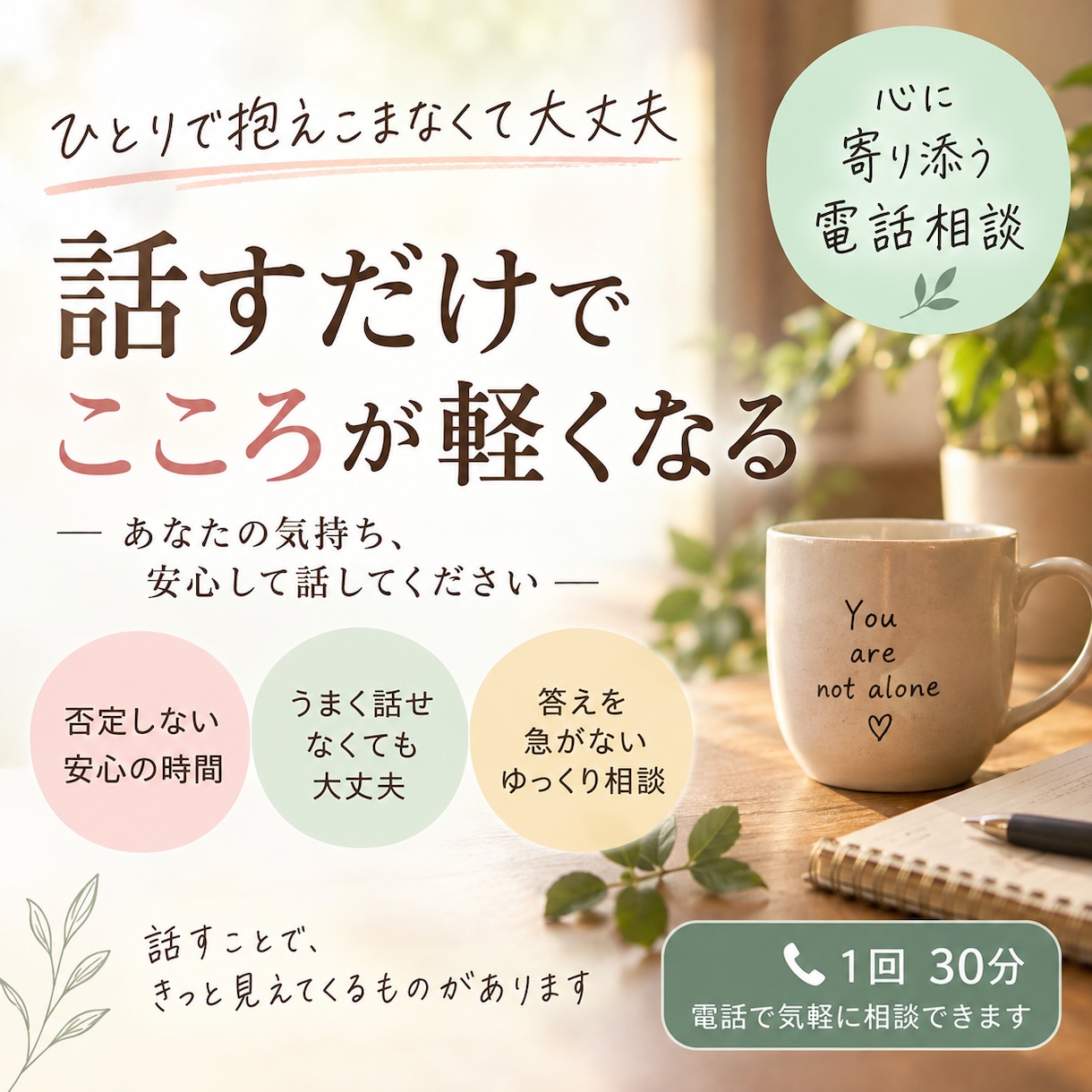 大丈夫と言って我慢してきた本音をお聴きします 人に言えないつらさや不安を、否定せず安心して話せる30分 イメージ1