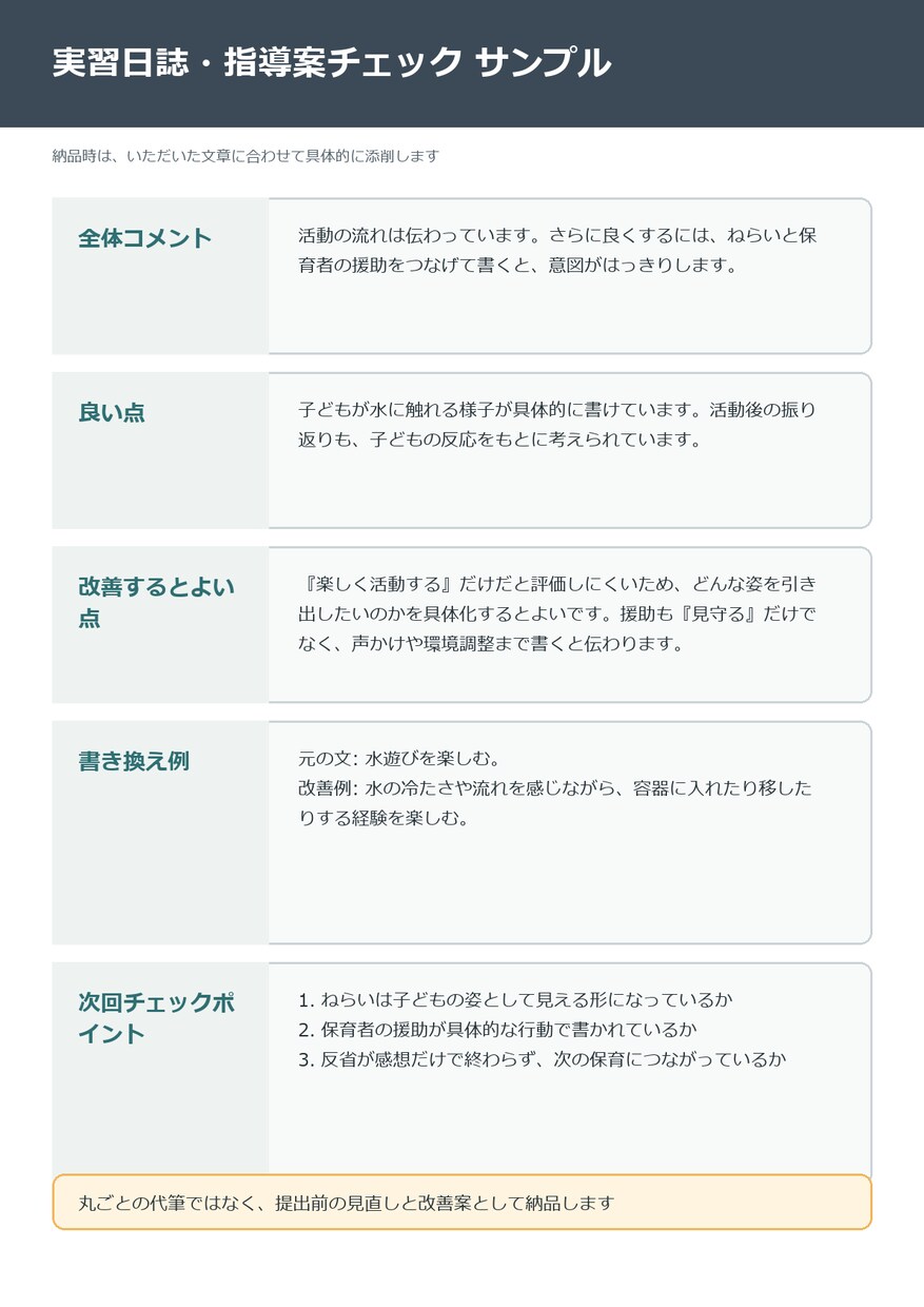 保育実習日誌・指導案を現役保育士が添削します 提出前の不安を軽く、1日分から確認 イメージ3