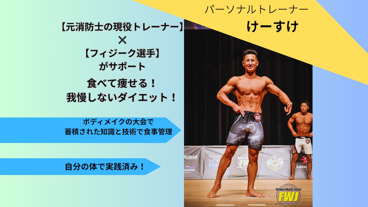 現役トレーナー×フィジーク選手が食事指導を行います 元消防士の現役トレーナーが本気で体を変えたい人をサポート！ イメージ1