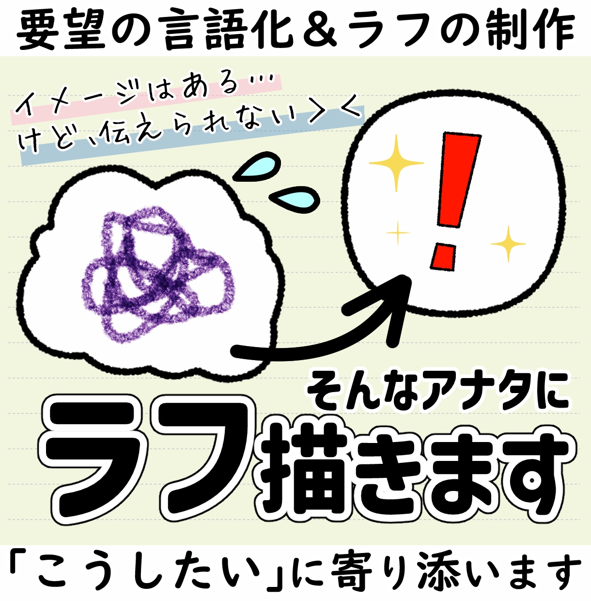 なんとなく、でもOK！同人誌表紙ラフ一緒に作ります 依頼前の不安を解消！こんな感じを伝えるラフ、一緒に作ります！ イメージ1