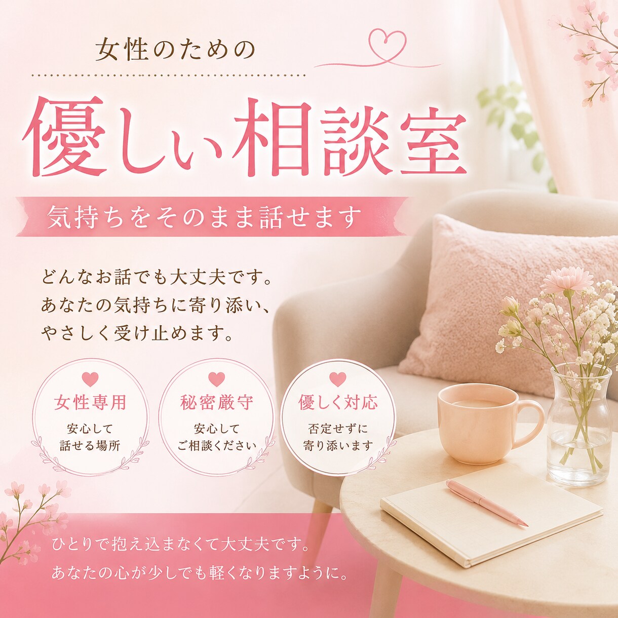 女性限定｜誰にも言えない悩みを優しく聞きます 女性の気持ちを安心して話せる場所です イメージ1