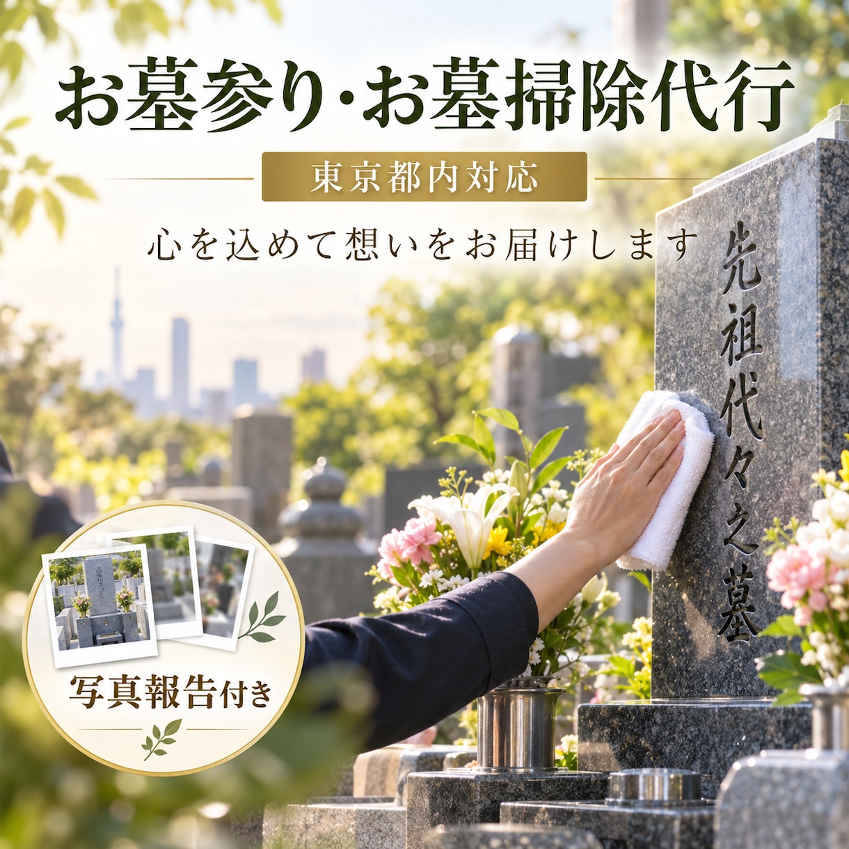 大切な方への想いを込めてお墓参りを代行します ただのお掃除ではなく、あなたの大切な想いまでお届けします イメージ1