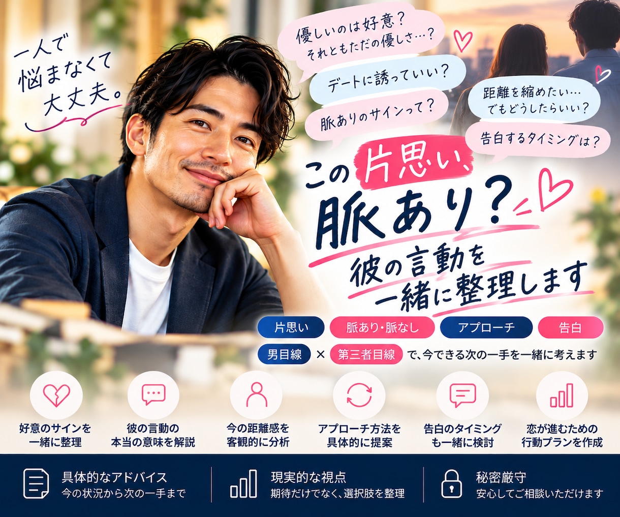 片思いの彼が脈ありか男目線で一緒に整理します 彼の言動を整理し距離の縮め方・誘い方・告白まで一緒に考えます イメージ1