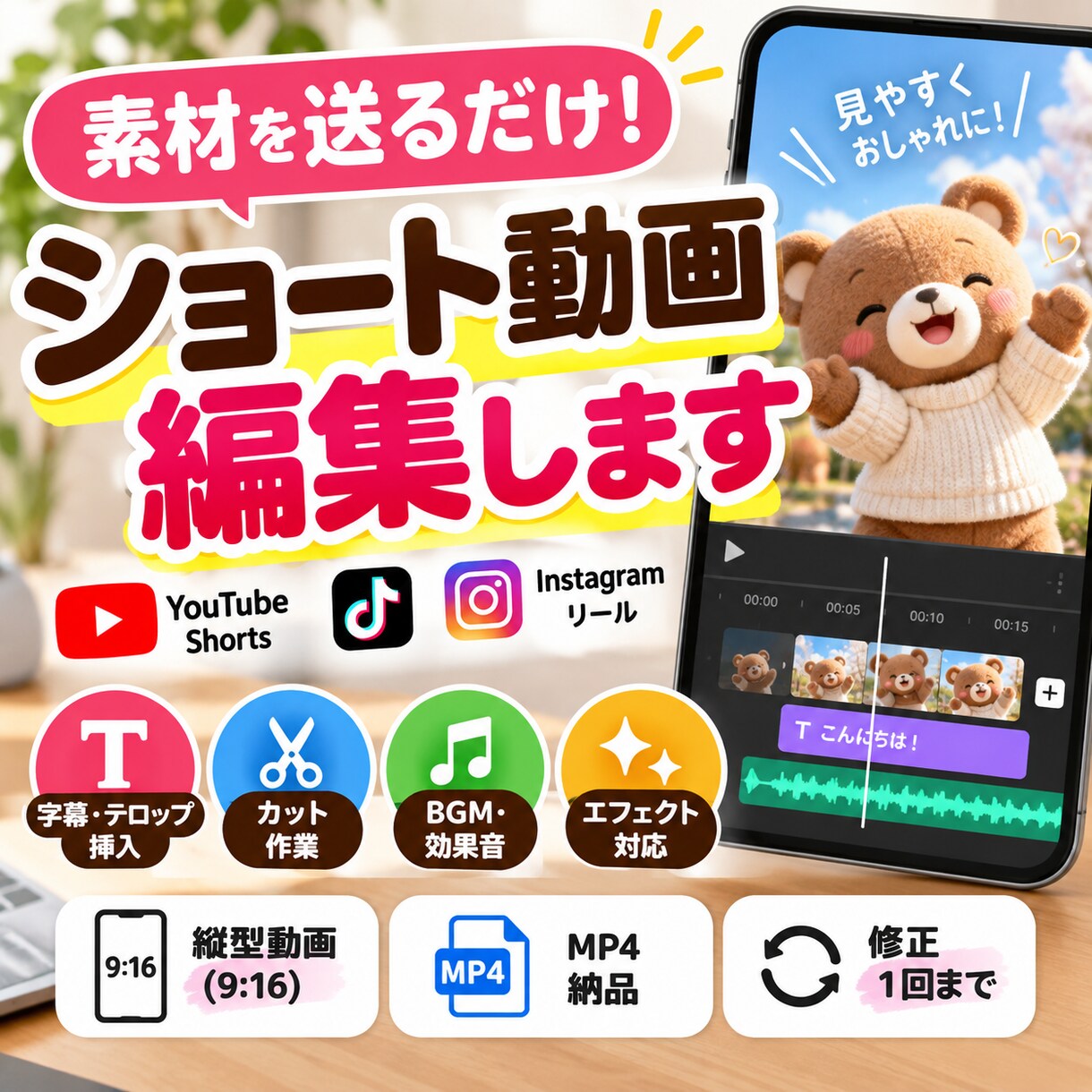 ショート動画を見やすく編集します 素材を送るだけ！字幕・BGM・編集までまとめて対応 イメージ1