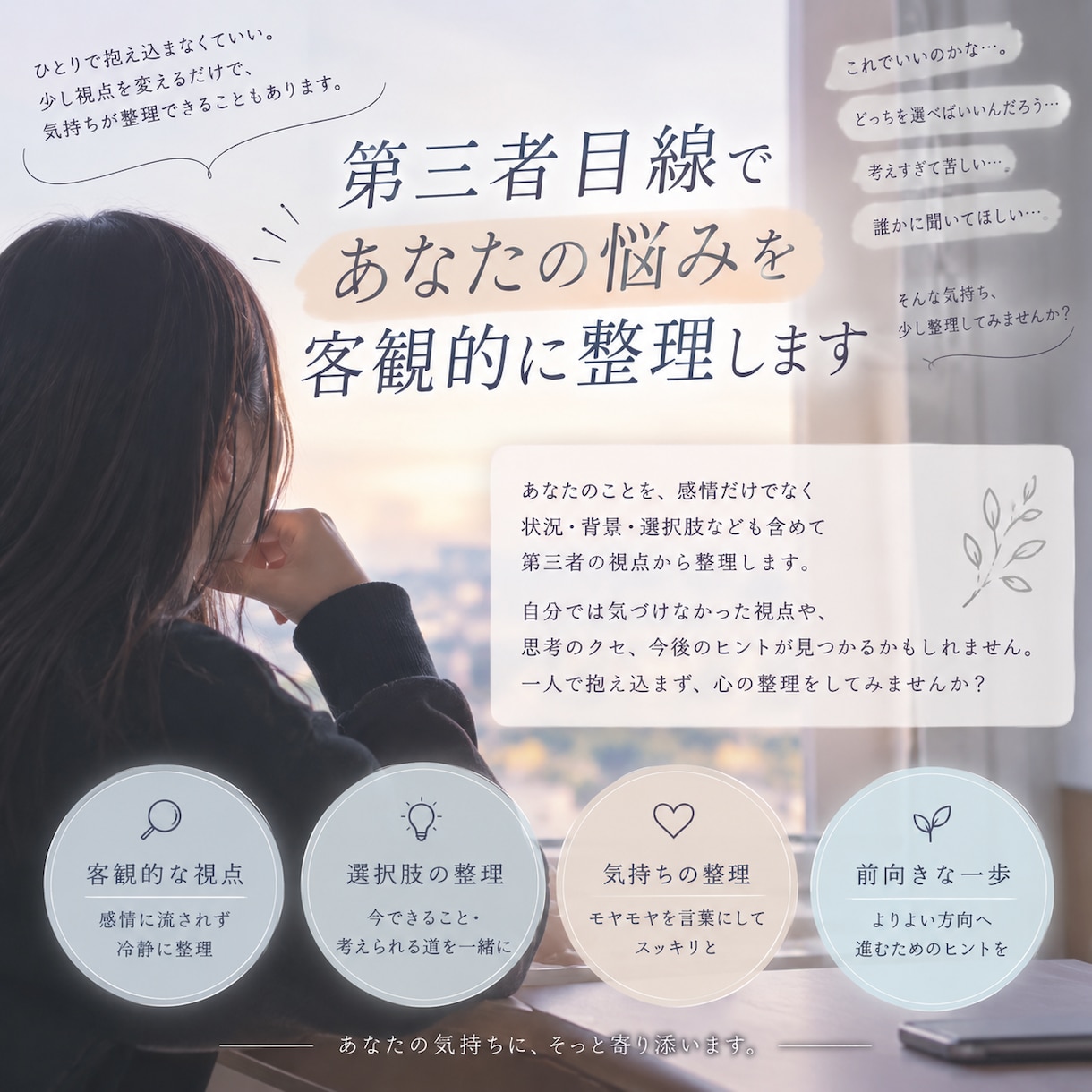 第三者目線であなたの悩みを客観的に整理します 自分では分からないこと、第三者目線で一緒に整理します。 イメージ1