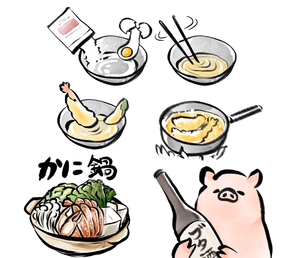 筆絵,墨絵と水彩風で食べ物、動物、人物を描きます 商用OK!ポップで和風っぽいイラストに仕上げます。 イメージ8