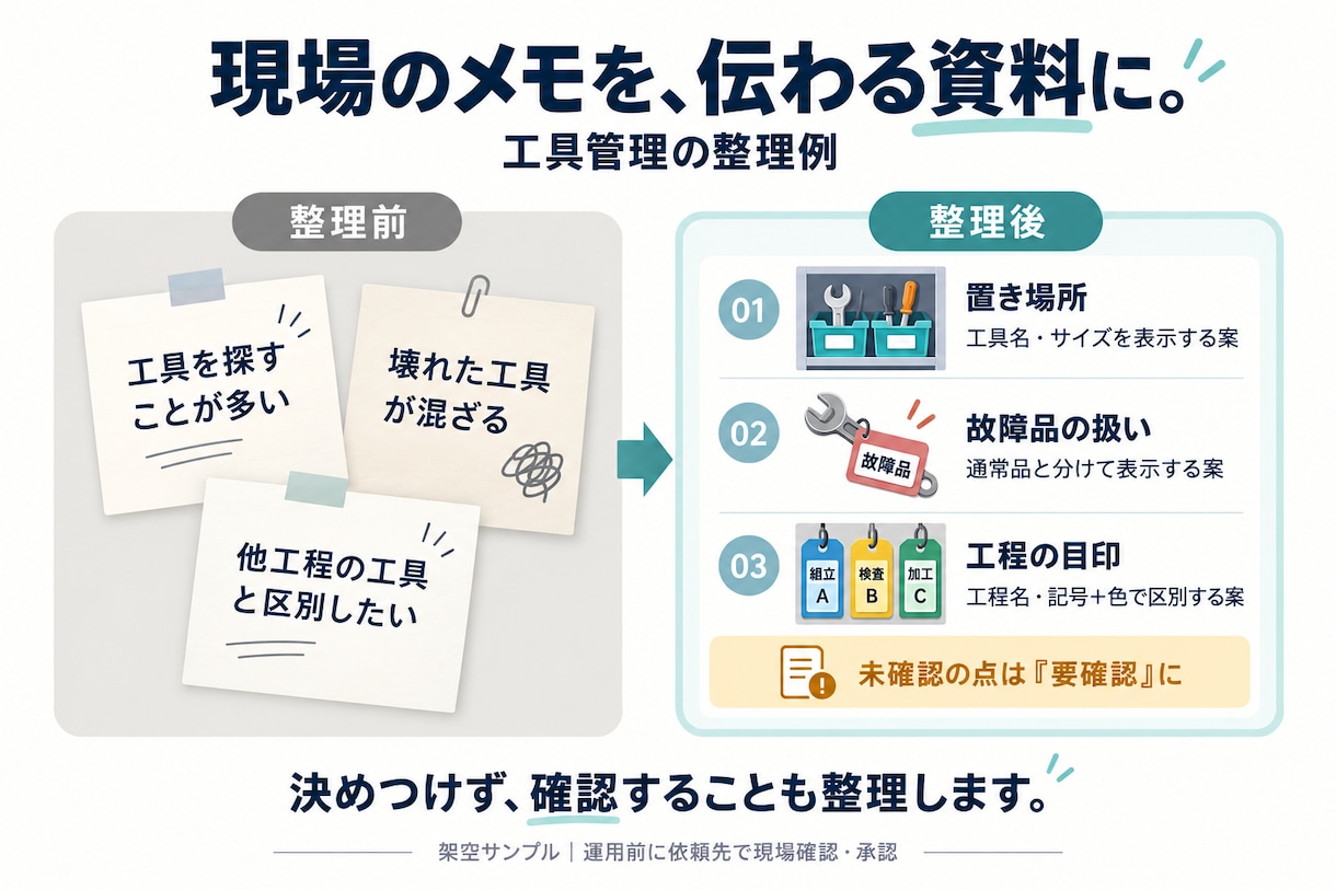 製造現場のメモを見やすいWord資料に整理します 工具管理や引き継ぎの内容を、読みやすい資料に イメージ1