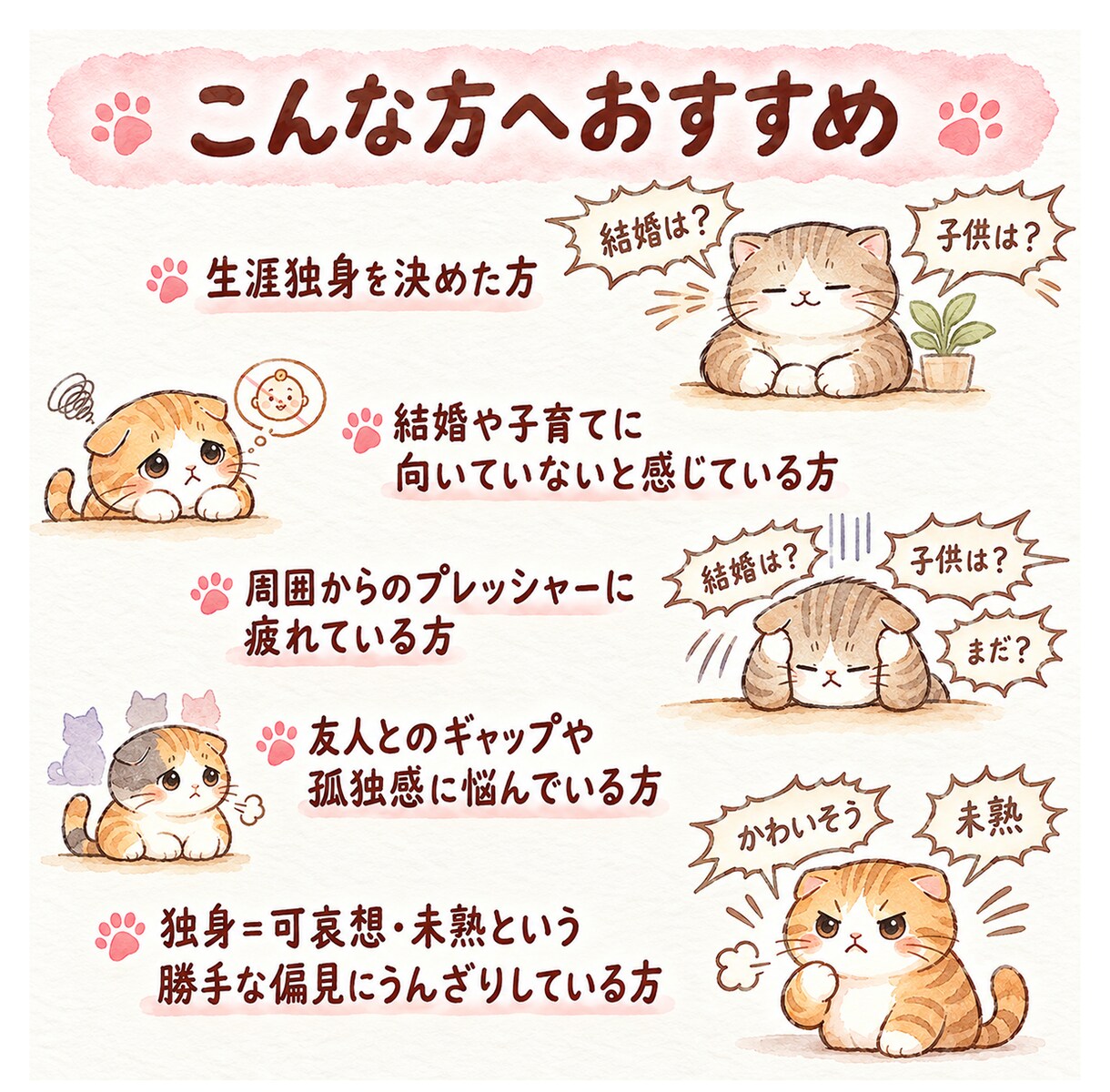 生涯独身を決めた方へ。同じ立場から寄り添います 子供、結婚を期待されるプレッシャー、吐き出していきませんか イメージ4