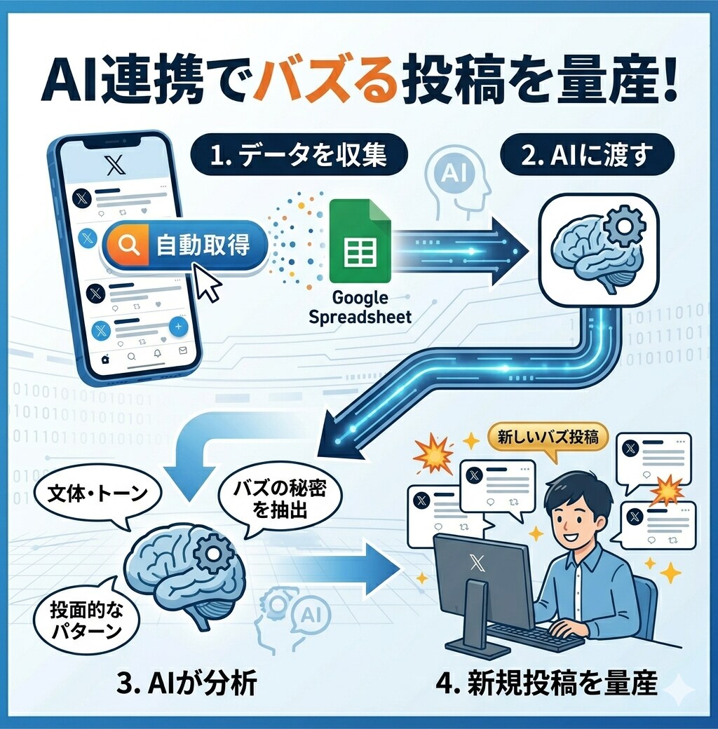 伸びてるXの投稿データを一括取得するツール作ります AIに学習させてバズる投稿を量産する第一歩に イメージ4