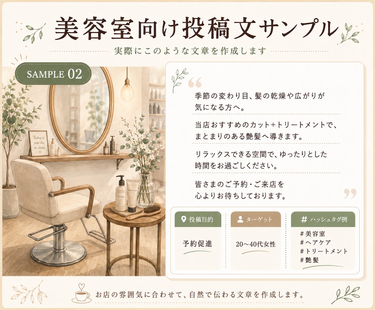店舗向けSNS投稿文を5本作成します お店の魅力が伝わる自然な文章とハッシュタグ案を作成 イメージ3