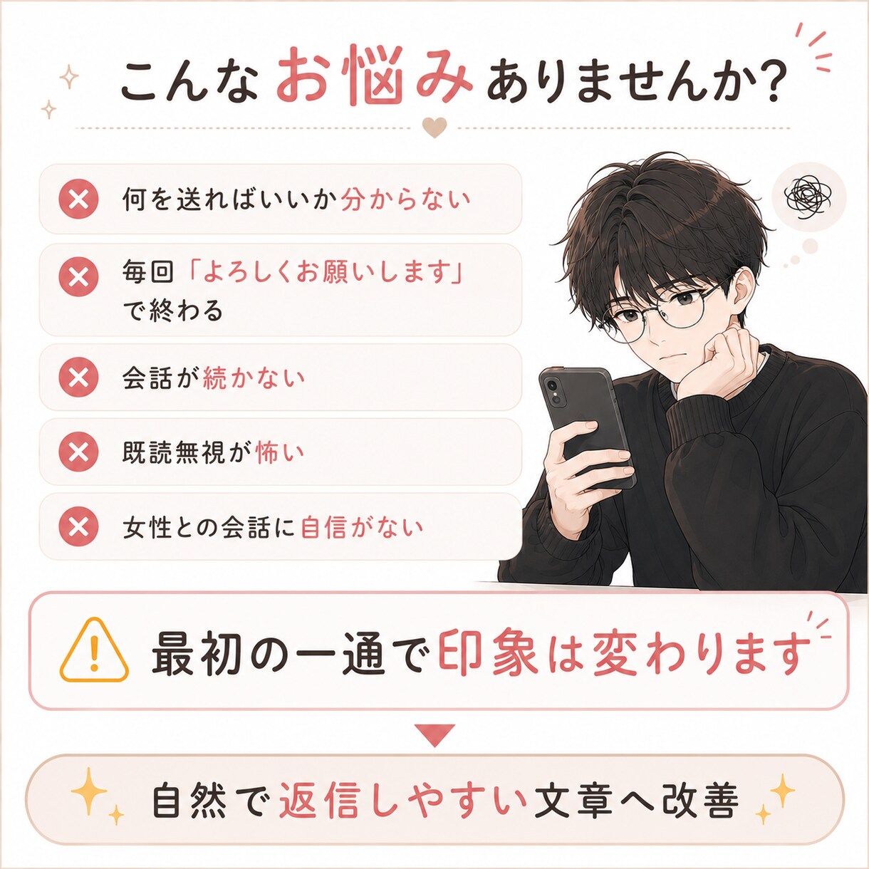好印象な初回メッセージ一緒に考えます 女性との会話が苦手でも大丈夫☕️自然に改善します イメージ2