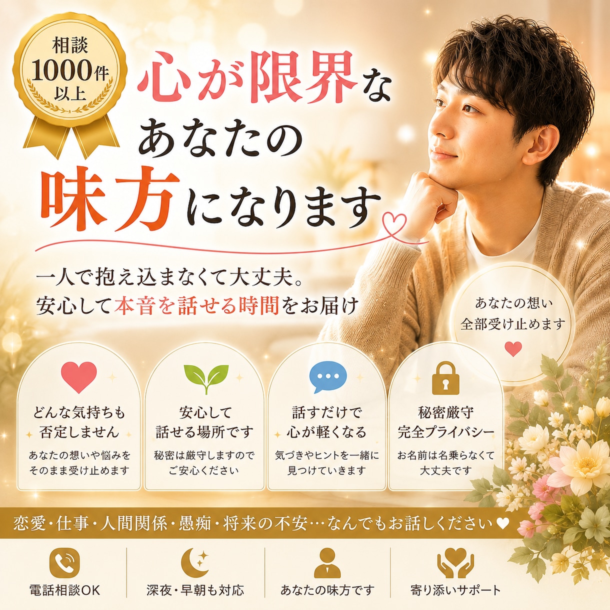 相談1000件以上心が限界なあなたの味方になります 一人で抱え込まなくて大丈夫。安心して本音を話せる時間をお届け イメージ1