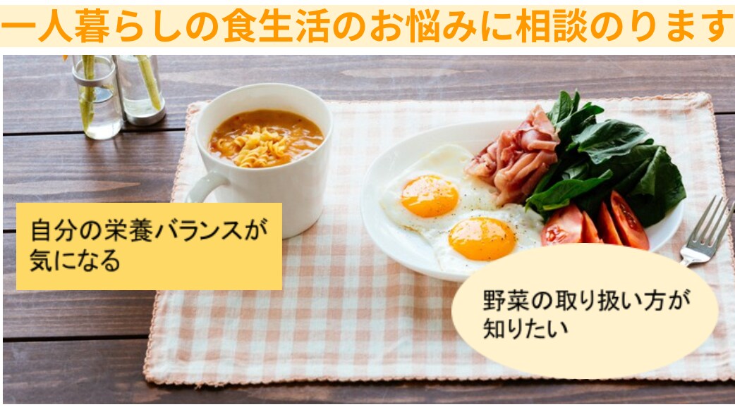 一人暮らしの料理、食生活に関するお悩み相談乗ります 管理栄養士が料理や食生活に関する疑問に答えます イメージ1